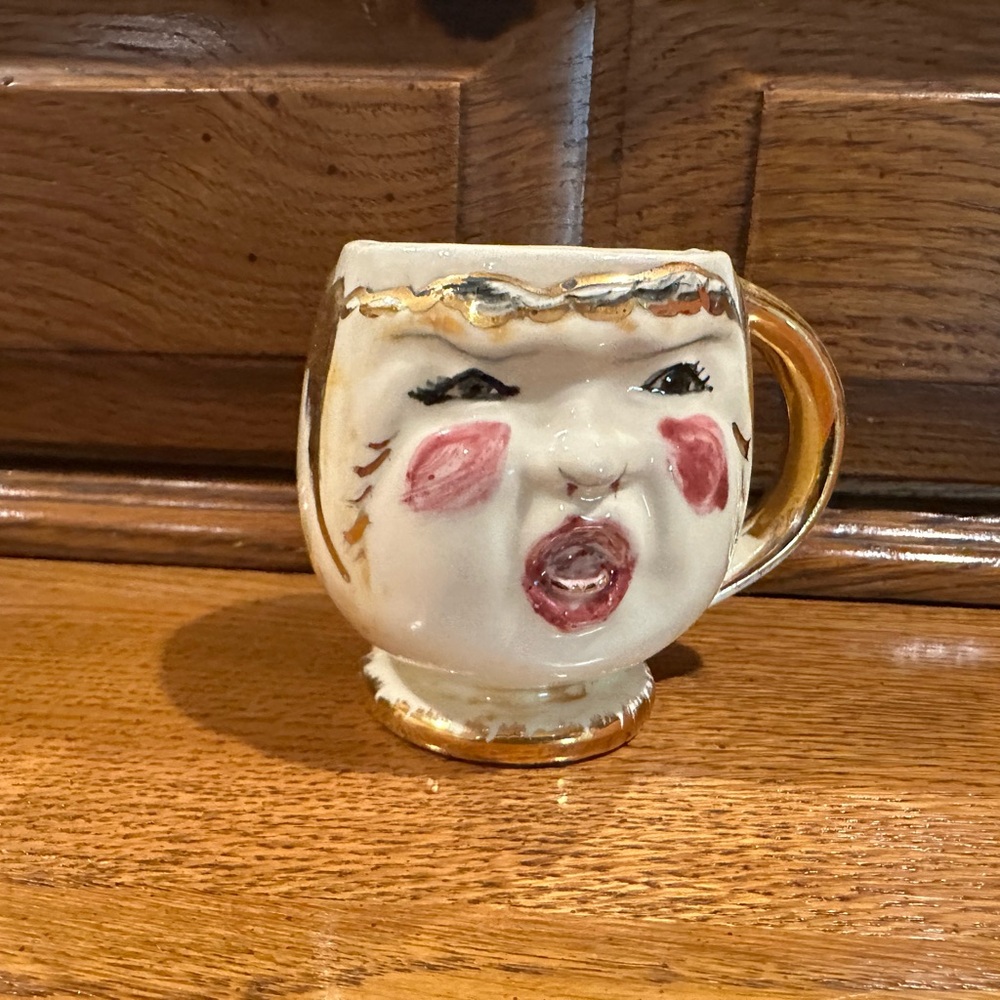 Vintage Unusual Angry Baby Mug. Artistic Face Mug with Gold Handle. Signed.